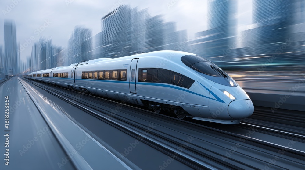 Fototapeta premium A sleek high-speed train gliding along a modern railway track, with blurred motion in the background, emphasizing speed and efficiency