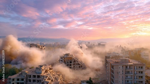 Aerial cinematic view of a devastated city after an earthquake at dawn, collapsed buildings, dust-filled skyline, and a sorrowful atmosphere of silence and destruction.
