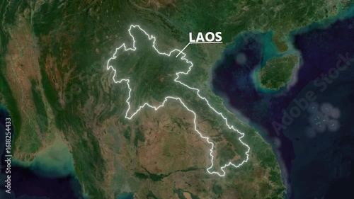 Zoom from Earth to Laos. Glow outline map animation satellite view with highlighted country borders. Cinematic documentary 3d world map animation highlights aerial views, tourism, and travel. 4k