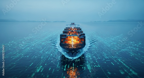 Cargo Ship with Digital Network Overlay in Open Ocean
