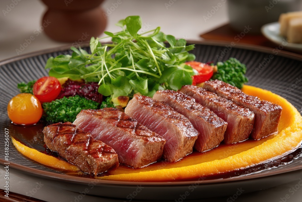 Perfectly Grilled Premium Beef Slices with Creamy Puree and Fresh Greens Perfectly Grilled Premium Beef Slices with Creamy Puree and Fresh Greens