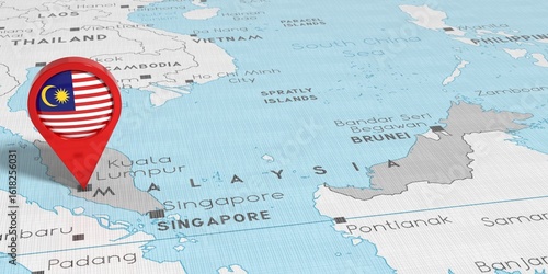 Photography Malaysia, Kuala Lumpur - location pin with national flag on political map - 3D i
