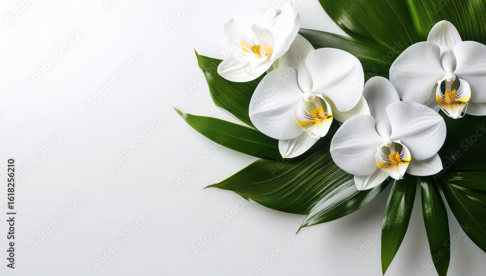 Obraz premium Elegant white orchid flowers with green tropical leaves on a white background, perfect for nature, beauty, or botanical themes.