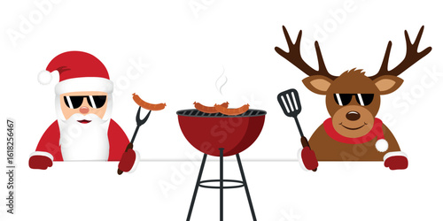 cute santa claus and reindeer with sunglasses at christmas bbq vector illustration