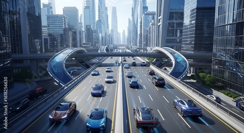 Wallpaper Mural Futuristic city highway traffic with autonomous vehicles and modern architecture view Torontodigital.ca