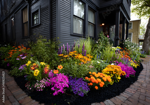 Wallpaper Mural Colorful flower bed with black mulch along a dark house exterior Torontodigital.ca