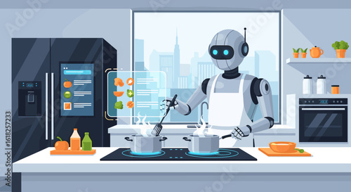 Robot Chef Cooking in Modern Kitchen: AI Culinary Assistant Preparing Food with Smart Appliances