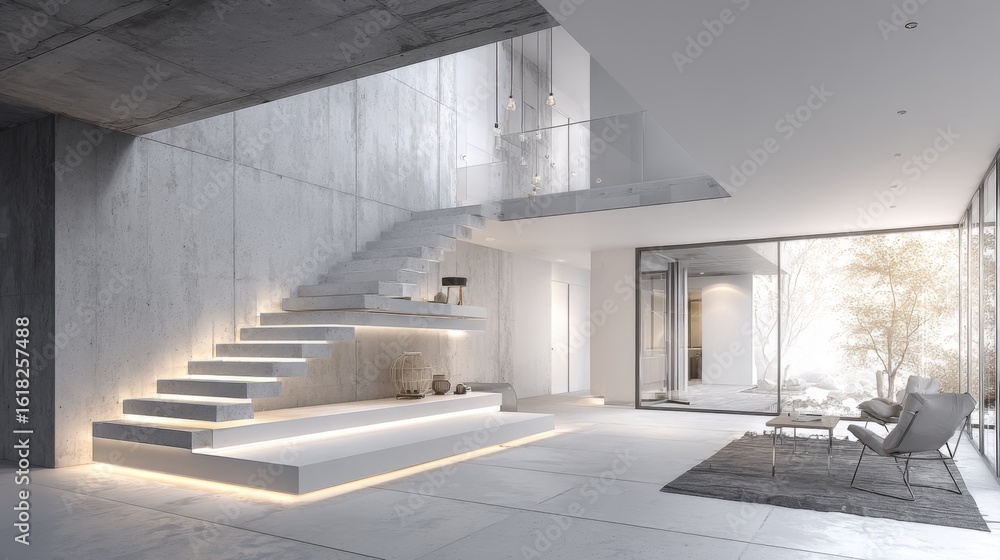 Obraz premium A staircase with floating steps and a glass railing, leading to a minimalist upper floor with soft white lighting and sleek design