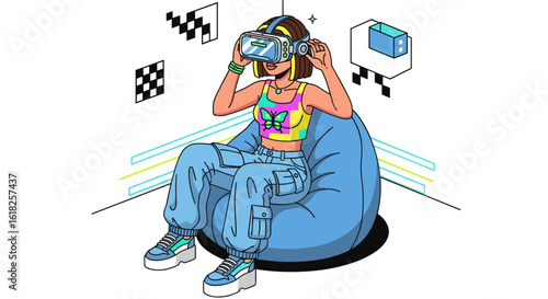 Young woman in VR headset enjoying metaverse experience sitting on beanbag chair with digital elemen