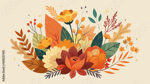 Vector art of a beautiful arrangement of autumn flowers and leaves in warm, earthy tones
