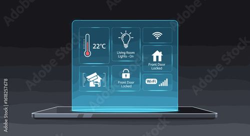 Smart Home Interface on Tablet: Modern Technology Control, Futuristic Design, Digital Display, Black background 