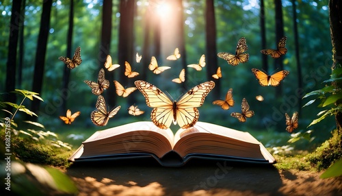illuminated open book surrounded by butterflies in a serene forest setting