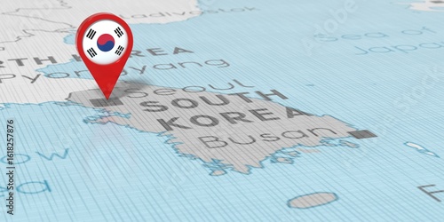 Photography South Korea, Seoul - location pin with national flag on political map - 3D illus