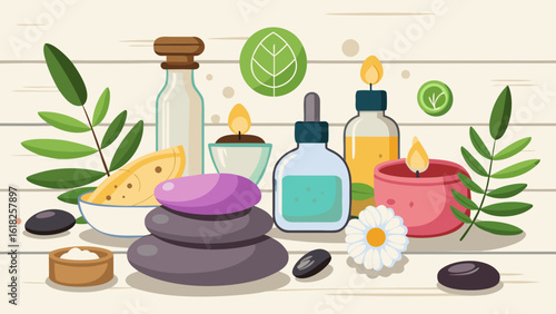 Vector art of spa and wellness items including massage stones, candles, essential oils, and herbs on a wooden background