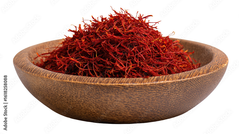 Fototapeta premium Aromatic Saffron Strands in Wooden Dish – Luxurious Culinary Ingredient