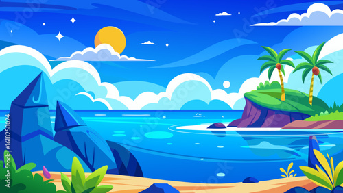Vector art of a picturesque cartoon scene of a tropical island with palm trees, mountains, and a bright sun in a blue sky with clouds