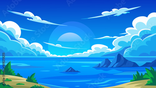 Vector art of a breathtaking tropical seascape at sunset, featuring a calm ocean, distant islands, and dramatic clouds painted with the suns warm glow