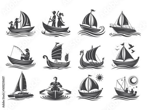 Black boat icons show diverse styles of nautical transport across waters on transparent background
