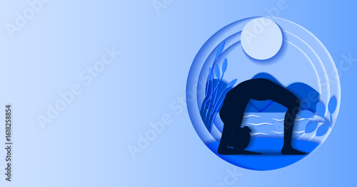 Horizontal template. Ardha Urdhva Dhanurasana yoga pose. Half Wheel yoga pose. Paper cut design. Isolated vector illustration.