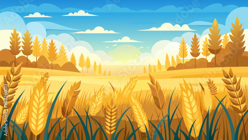 Vector art of expansive golden wheat field stretching towards the horizon under a clear blue sky