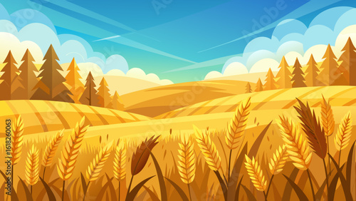 Vector art of golden wheat fields stretch across rolling hills under a bright blue sky with fluffy clouds and distant trees