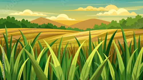 Vector art of a vibrant landscape of green grass fields and hills under a warm sunset sky with clouds