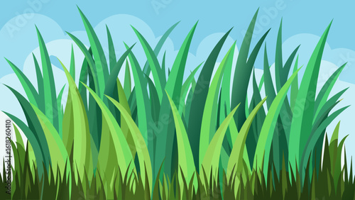 Vector art of a closeup view of lush green grass blades against a soft blue sky with subtle clouds