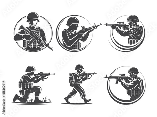 Monochrome army soldiers are aiming with rifles and wearing military helmets for tactical combat