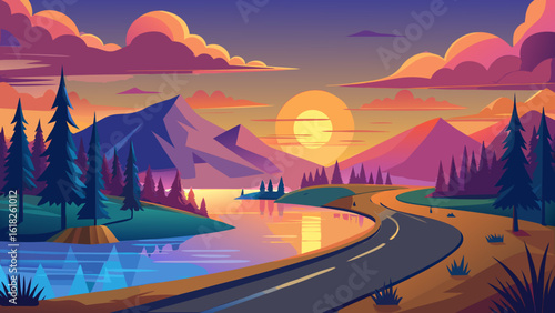 Vector art of a scenic road curves alongside a tranquil lake with majestic mountains under a dramatic sunset sky