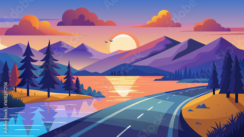 Vector art of a winding road leads towards a vibrant sunset over a serene lake surrounded by majestic mountains