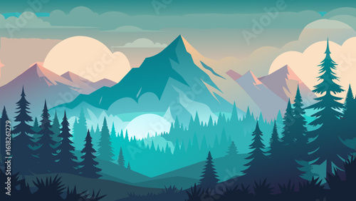Vector art of a majestic mountain peak dominates a vast forest landscape under a soft, cloudy sky