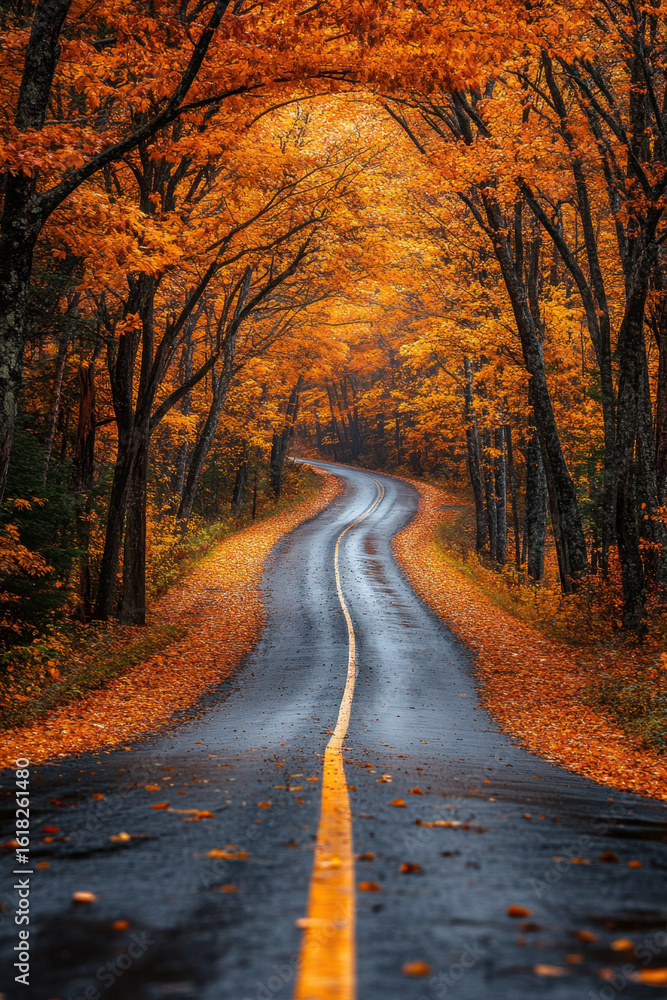 Fall road with trees and leaves. Fall road with trees and leaves.
