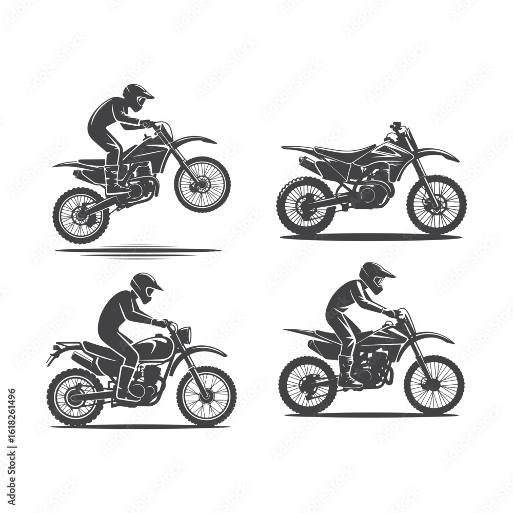 Obraz premium Silhouette riders navigate black dirt bikes in varied positions for an action packed scene