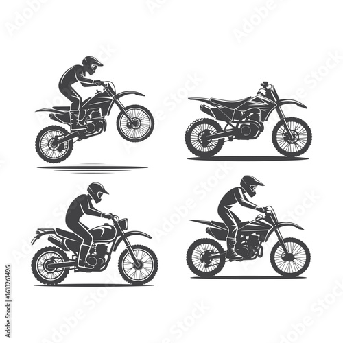 Silhouette riders navigate black dirt bikes in varied positions for an action packed scene