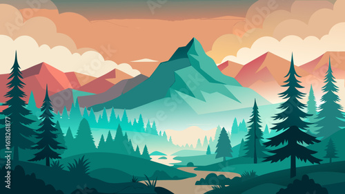 Vector art of a serene mountain vista with a winding river flowing through a pine forest at dusk