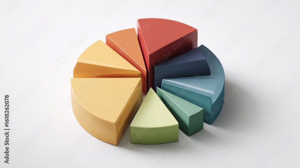 Obraz premium A top-down view of a D pie chart, emphasizing the varying sizes of segments representing sales data, set against a smooth white background for clarity.