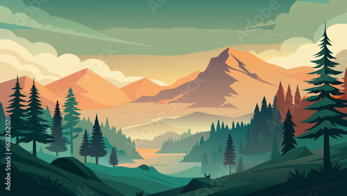 Vector art of a breathtaking mountain panorama at sunrise, with layers of hills fading into the distance