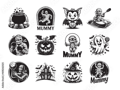Spooky Halloween icons featuring a mummy, bat, pumpkin, ghost and cauldron in monochrome