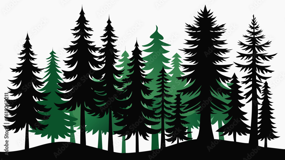 Obraz premium Vector art of a silhouette of a dense forest with black and green pine and evergreen trees isolated on a white background