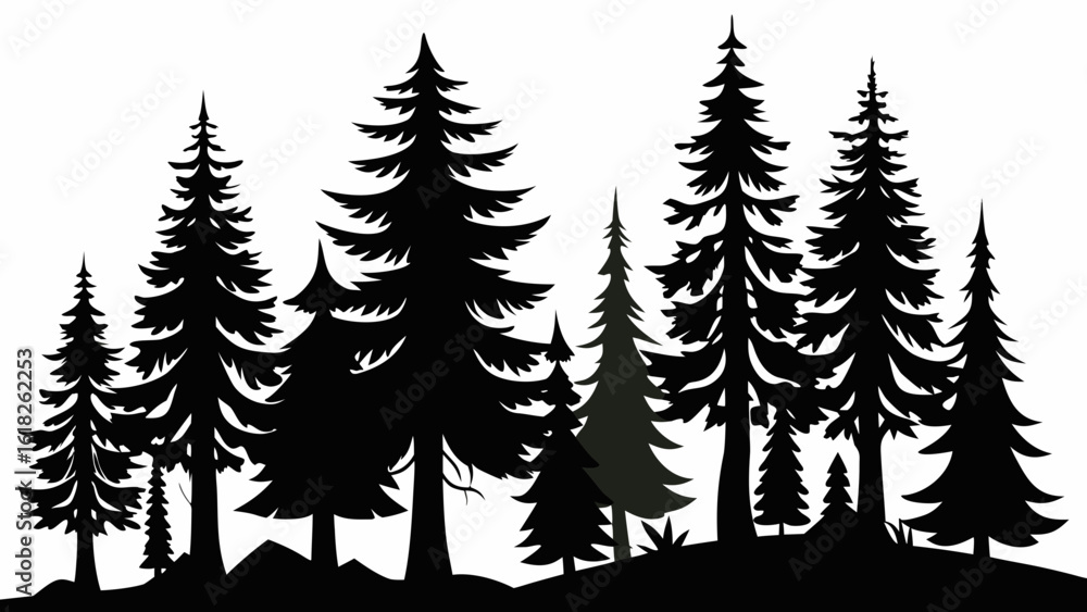 Fototapeta premium Vector art of a silhouette of a dense forest of pine and evergreen trees isolated on a white background