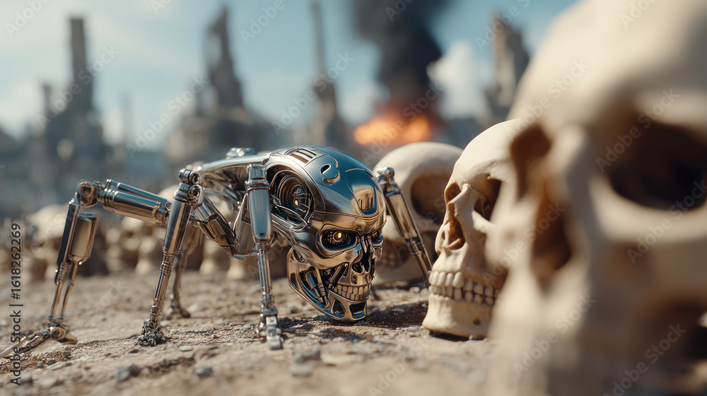Fototapeta premium Spider-like metal robot and a lot of human skulls in abandoned destroyed town. Post-nuclear war dystopian future