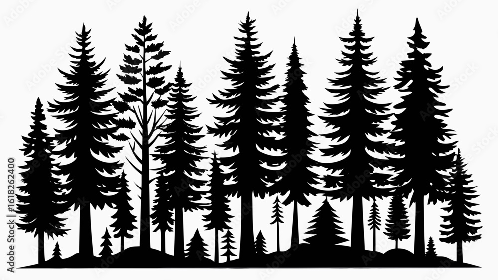 Obraz premium Vector art of a dense forest silhouette of various pine and evergreen trees isolated on a white background