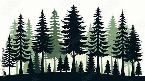 Vector art of a dense forest silhouette of various pine and evergreen trees with a green background