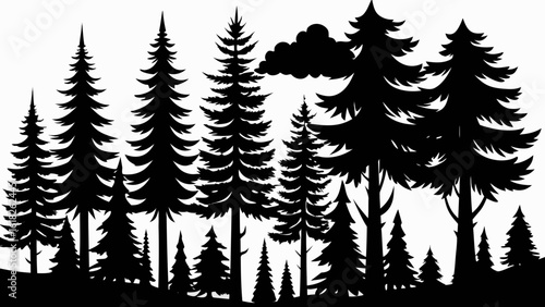 Vector art of a dense forest silhouette of various pine and evergreen trees with a cloud isolated on a white background