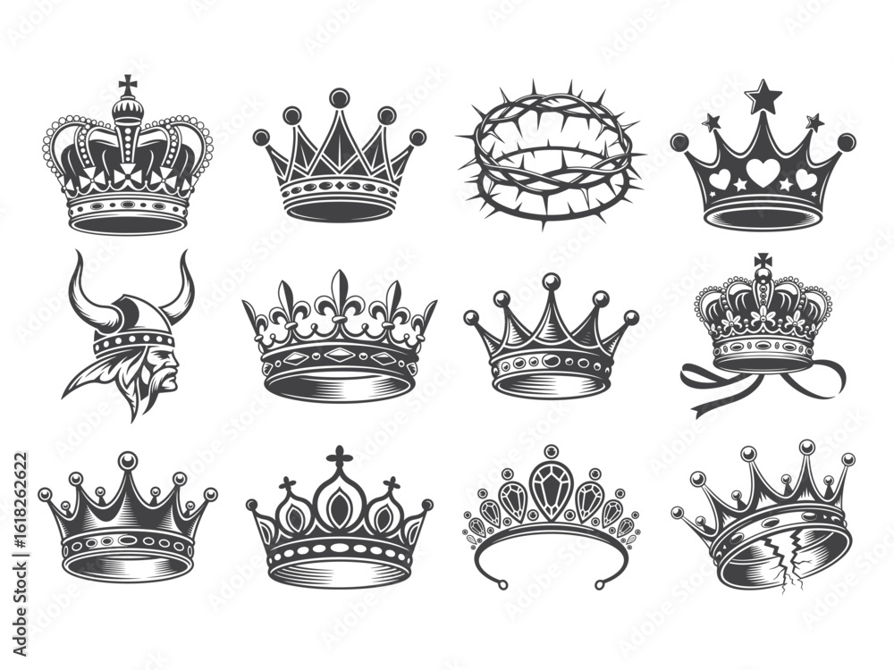 Various elegant crowns and a viking helmet are featured in monochromatic black and white Various elegant crowns and a viking helmet are featured in monochromatic black and white