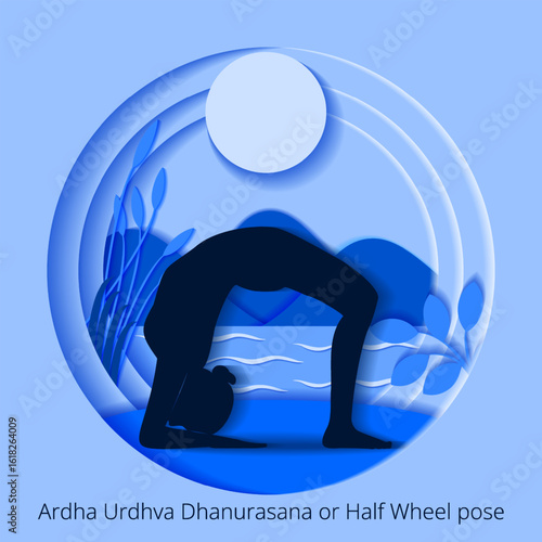 Ardha Urdhva Dhanurasana yoga pose. Half Wheel yoga pose. Paper cut design. Isolated vector illustration.