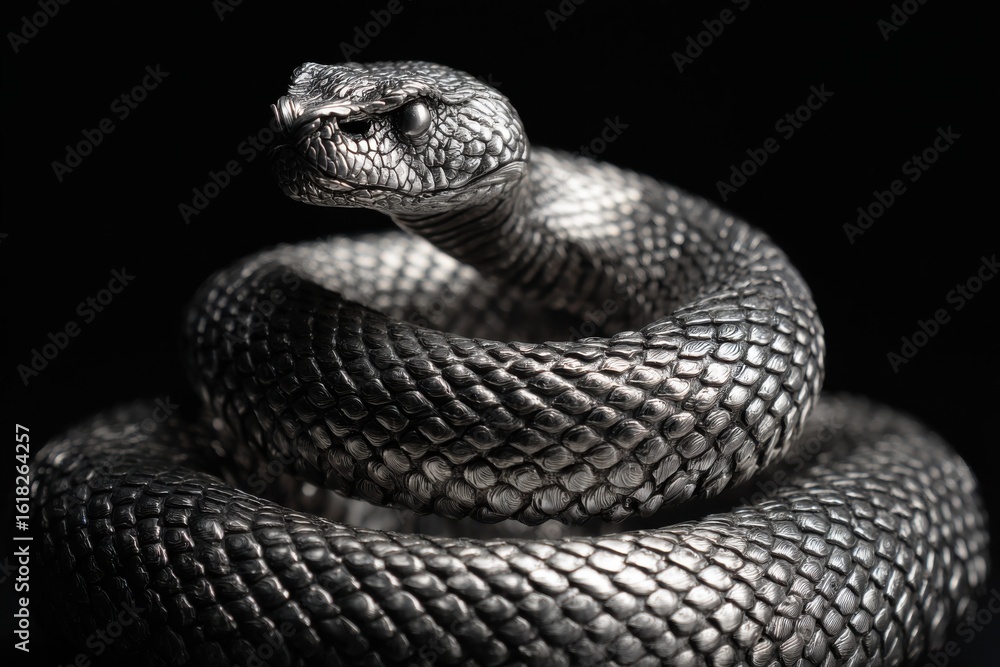 Fototapeta premium Intimidating rattlesnake coiled ready to strike in dramatic lighting