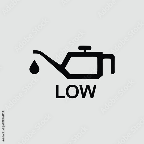 Black oil can symbol with drop and word low on gray background liquid