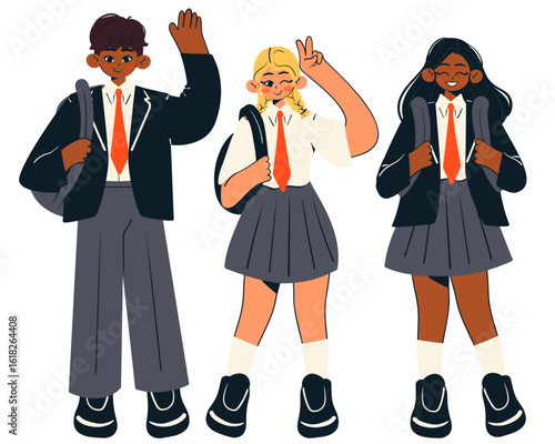 Cheerful school students going to school set. Back to school concept. Doodle style school boy and girl. Flat vector illustration.