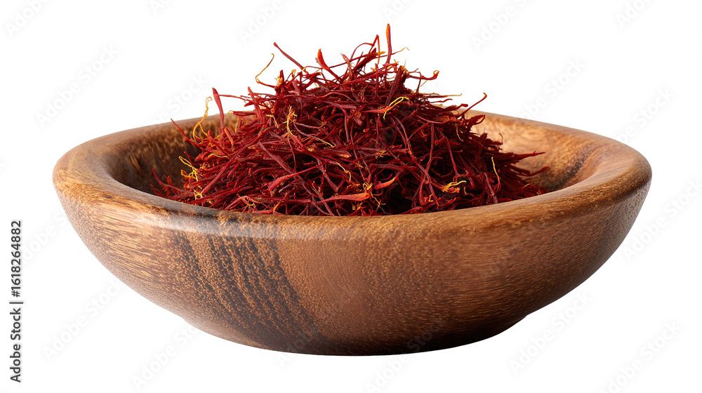 Fototapeta premium Aromatic Saffron Strands in Wooden Dish – Luxurious Culinary Ingredient